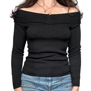Vintage Cabo S Off the Shoulder Black Stretch Knit Sweater Long Sleeve Beaded